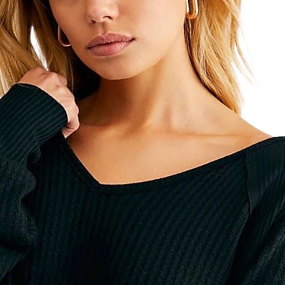 Free People BLACK Santa Clara Waffle Thermal Top - Picture 3 of 3